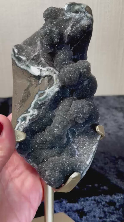 Brazilian Black Amethyst Druzy Specimen on Stand
