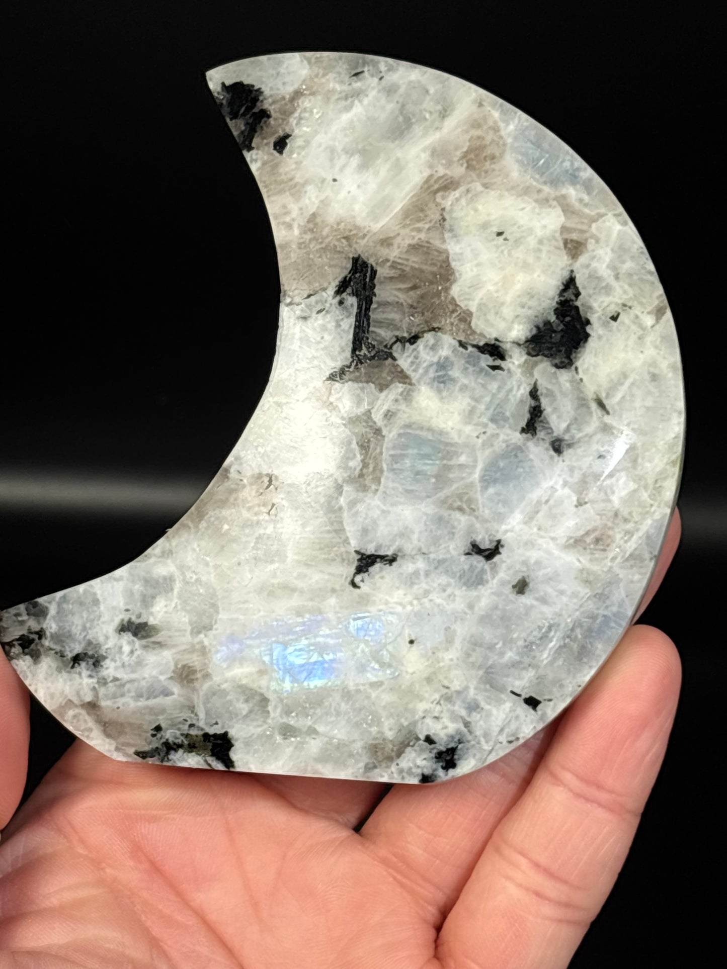 Rainbow Moonstone Crescent Moon (India) – Strong Flash Self-Standing Carving