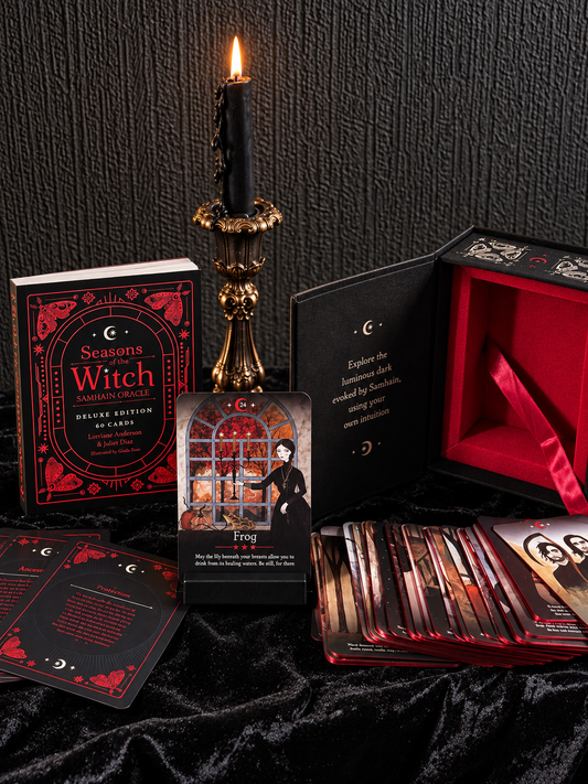 Seasons of the Witch Samhain Oracle Deluxe Edition with black and red presentation box, illustrated cards, altar postcards and display accessories.