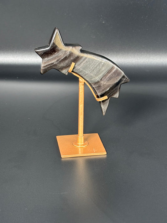 Silver Obsidian Shooting Star on Gold Stand | Manifestation & Protection Display Piece