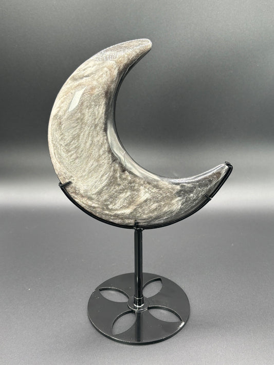 Silver Sheen Obsidian Crescent Moon with Stand Statement Piece
