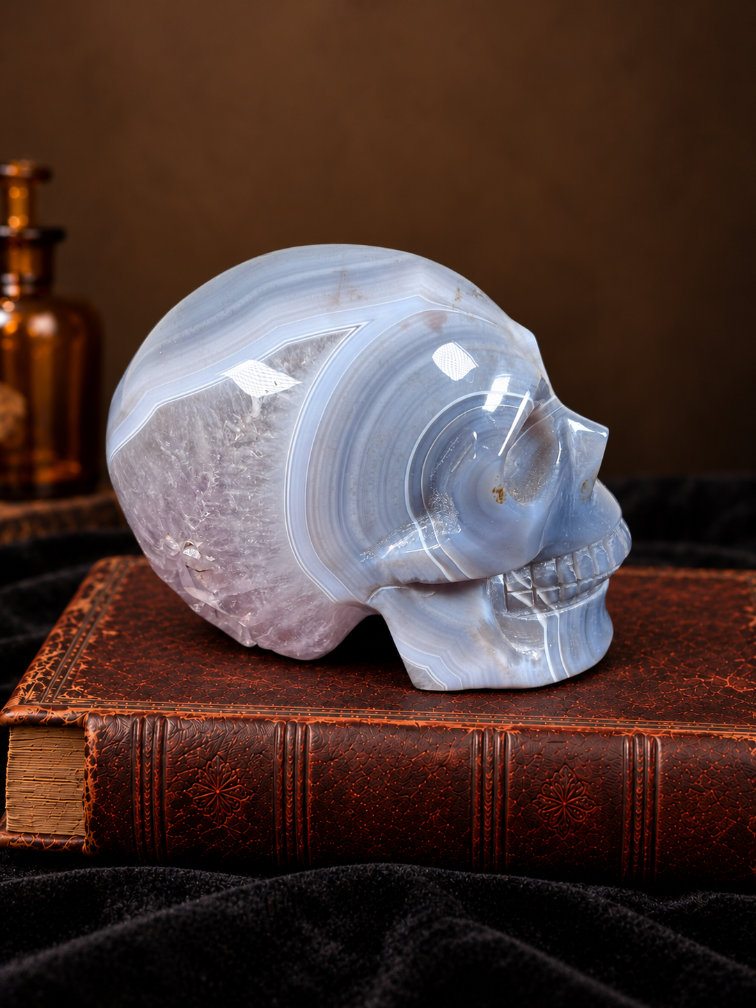 Blue Banded Agate & Amethyst Druzy Skull