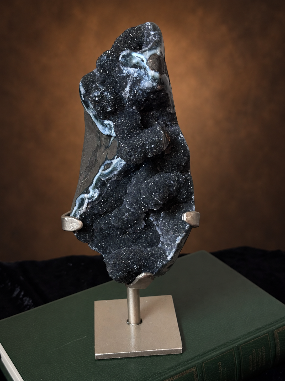 Brazilian Black Amethyst Druzy Specimen on Stand