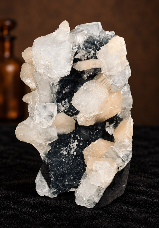 Black Chalcedony with Cubic Apophyllite & Peach Stilbite