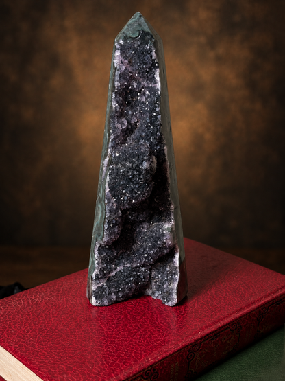 Brazilian Black Amethyst Druzy Obelisk with Agate & Jasper
