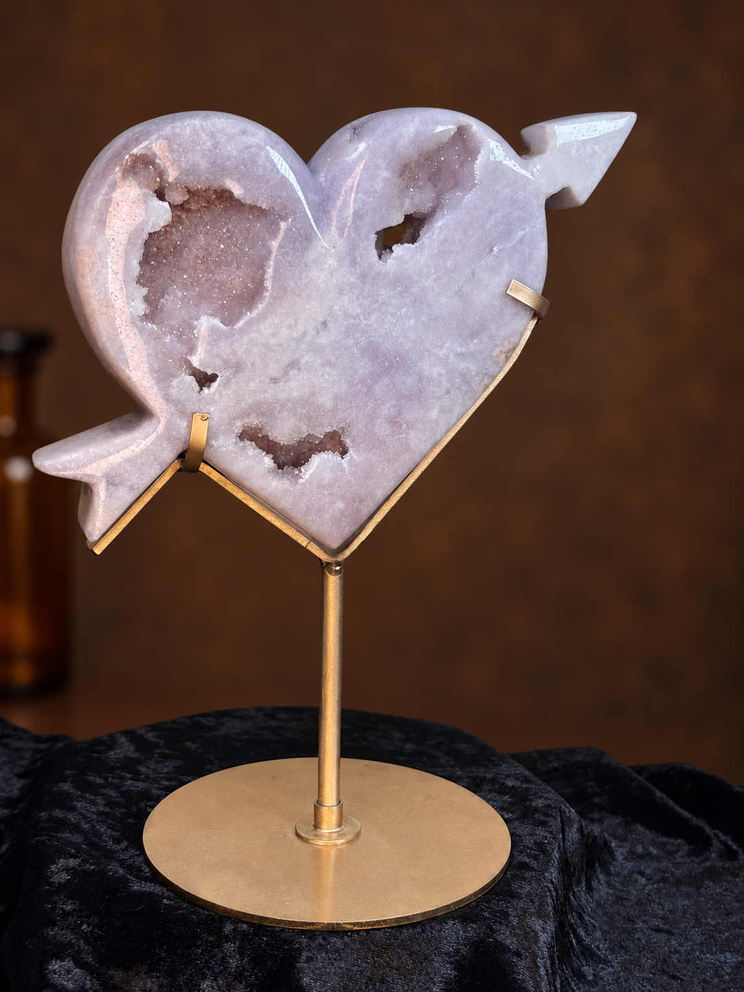 Pink Amethyst Cupid's Heart with Druzy on Gold Stand