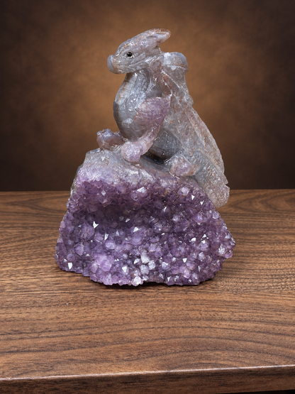 Amethyst Druzy Dragon Carving on Natural Crystal Cluster