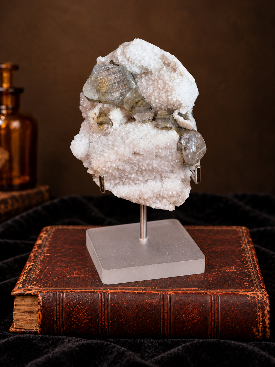 Tiger Tooth Calcite with Epidote on Quartz Druzy