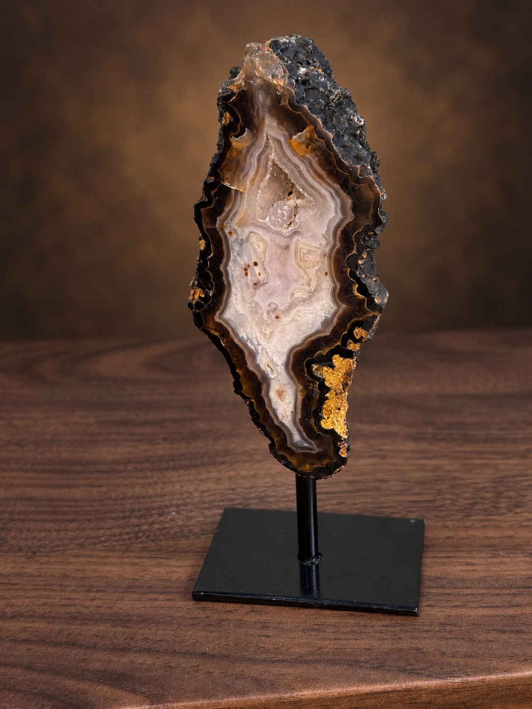 Brazilian Banded Agate with Sugar Druzy on Stand