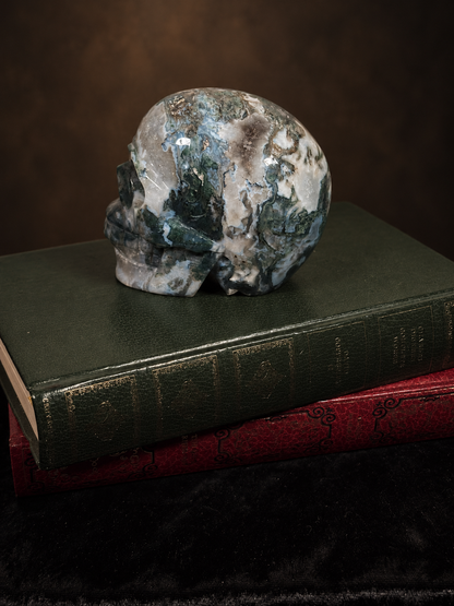 Moss Agate Crystal Skull Carving