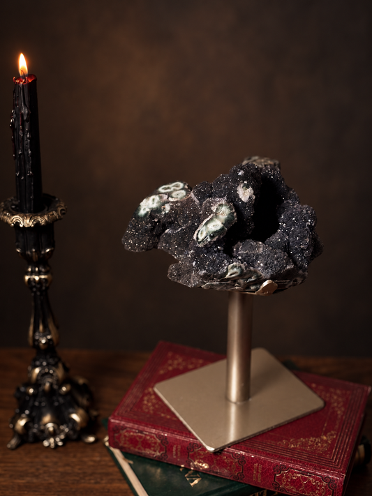Black Amethyst Druzy Statement Cluster on Stand