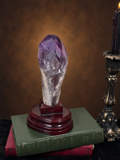 Natural Amethyst Phantom Crystal Point on Wooden Stand