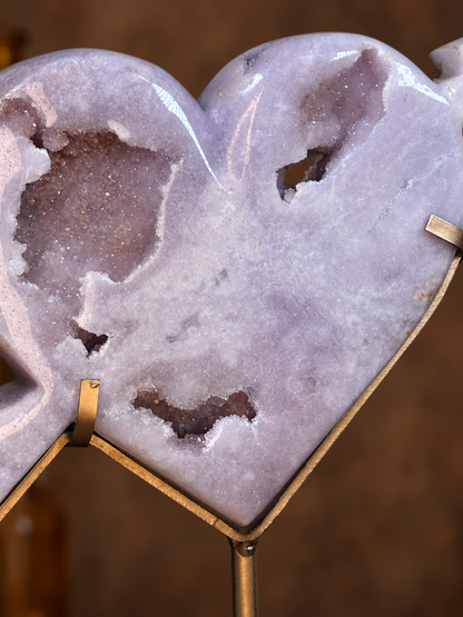 Pink Amethyst Cupid's Heart with Druzy on Gold Stand
