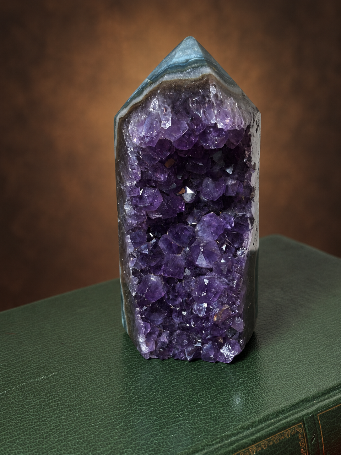 Brazilian Deep Purple Amethyst Geode Tower with Green Jasper