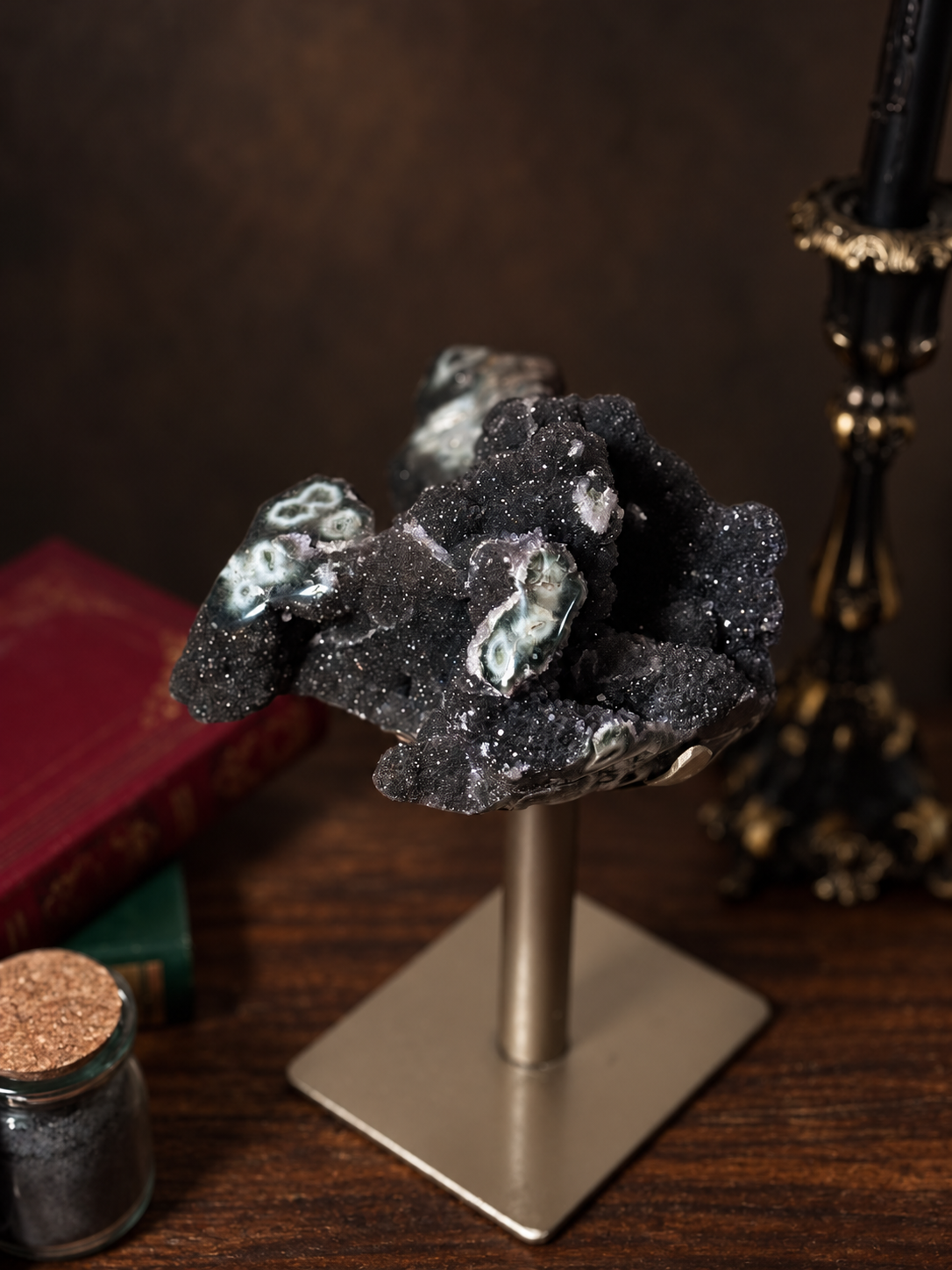 Black Amethyst Druzy Statement Cluster on Stand