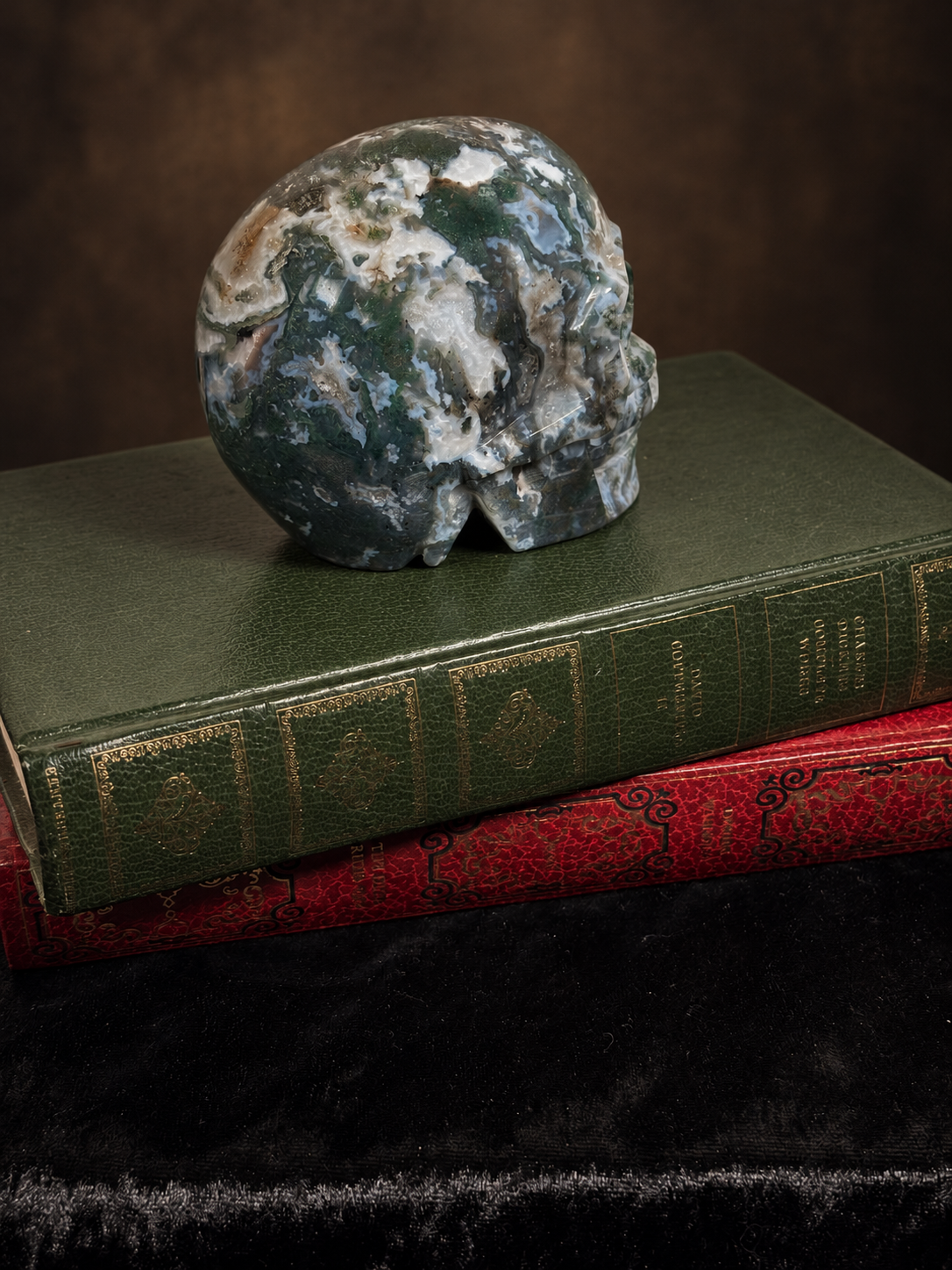 Moss Agate Crystal Skull Carving
