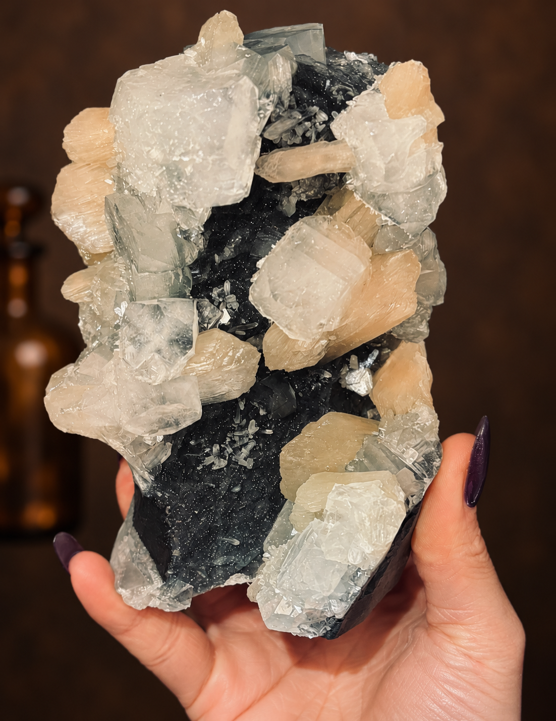 Black Chalcedony with Cubic Apophyllite & Peach Stilbite