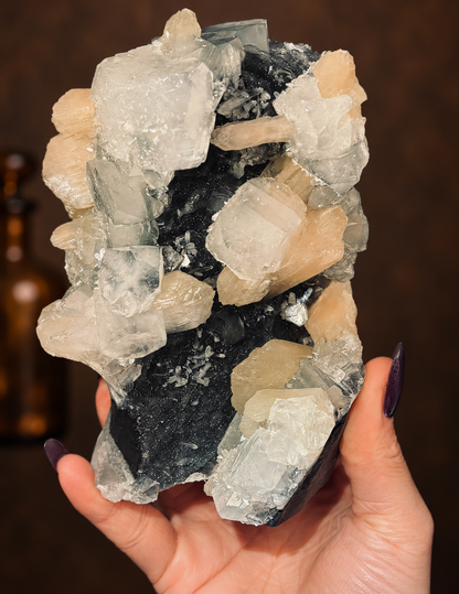 Black Chalcedony with Cubic Apophyllite & Peach Stilbite