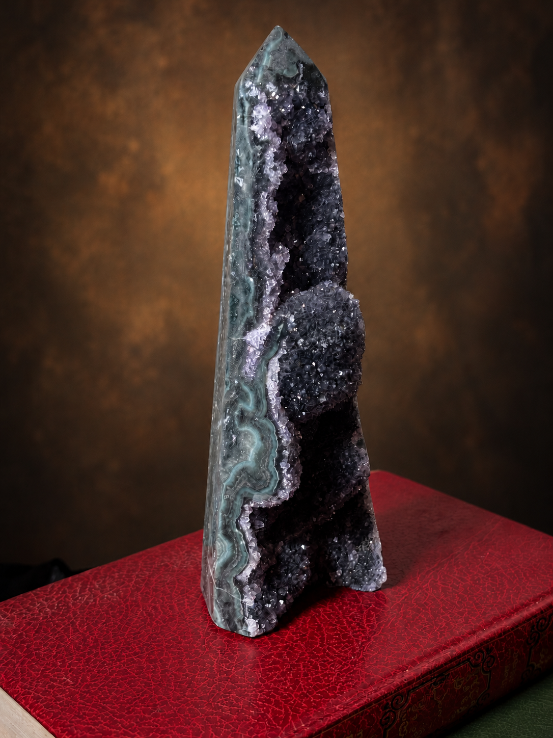 Brazilian Black Amethyst Druzy Obelisk with Agate & Jasper