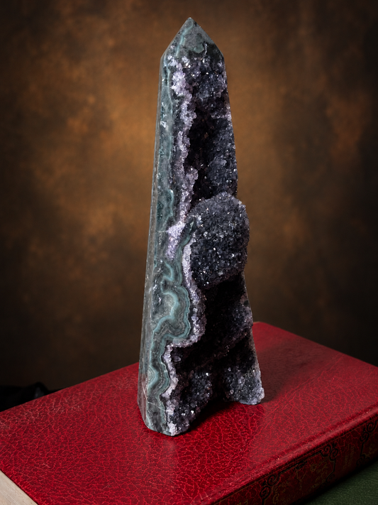 Brazilian Black Amethyst Druzy Obelisk with Agate & Jasper