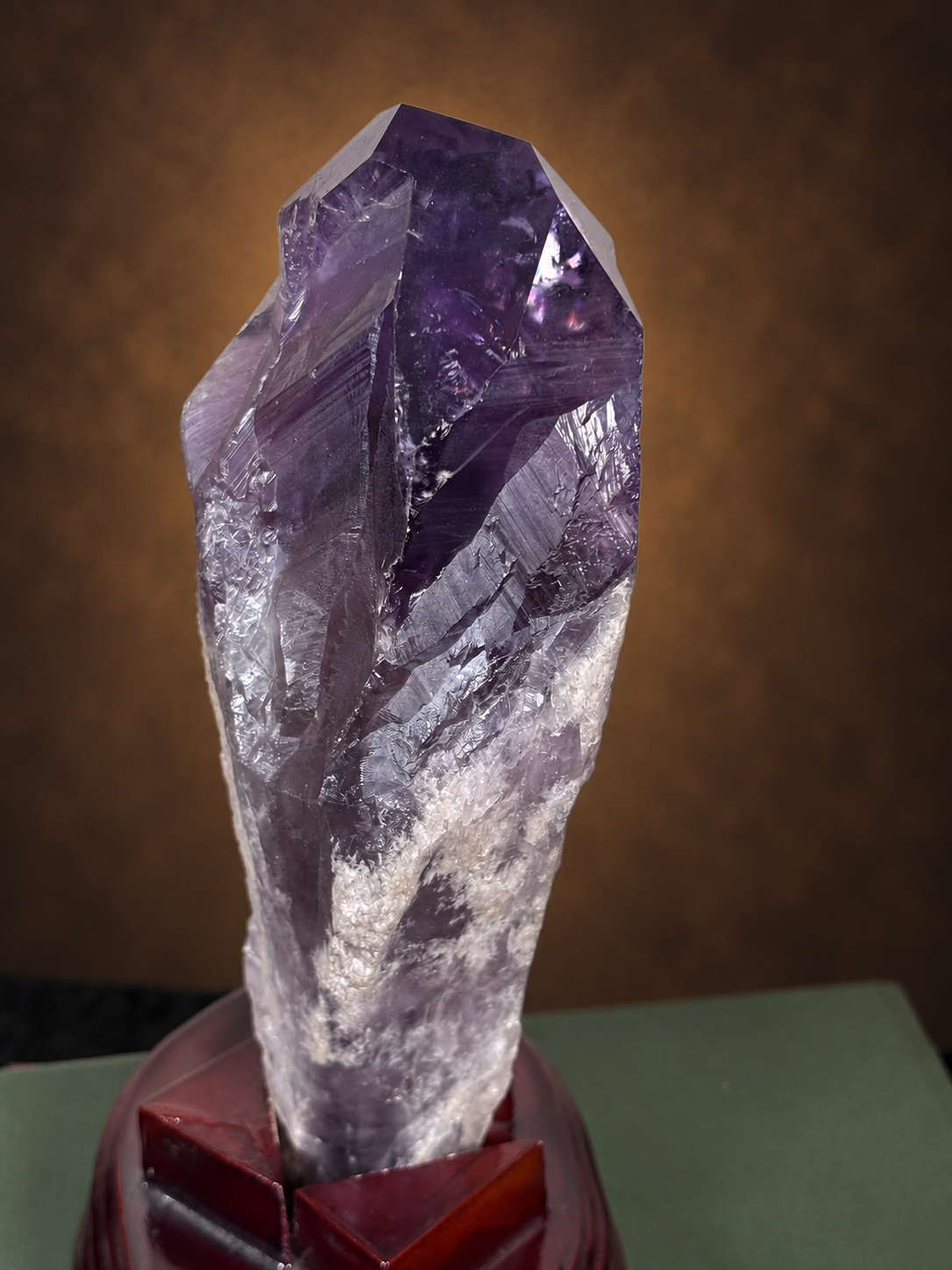 Natural Amethyst Phantom Crystal Point on Wooden Stand