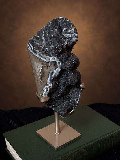 Brazilian Black Amethyst Druzy Specimen on Stand