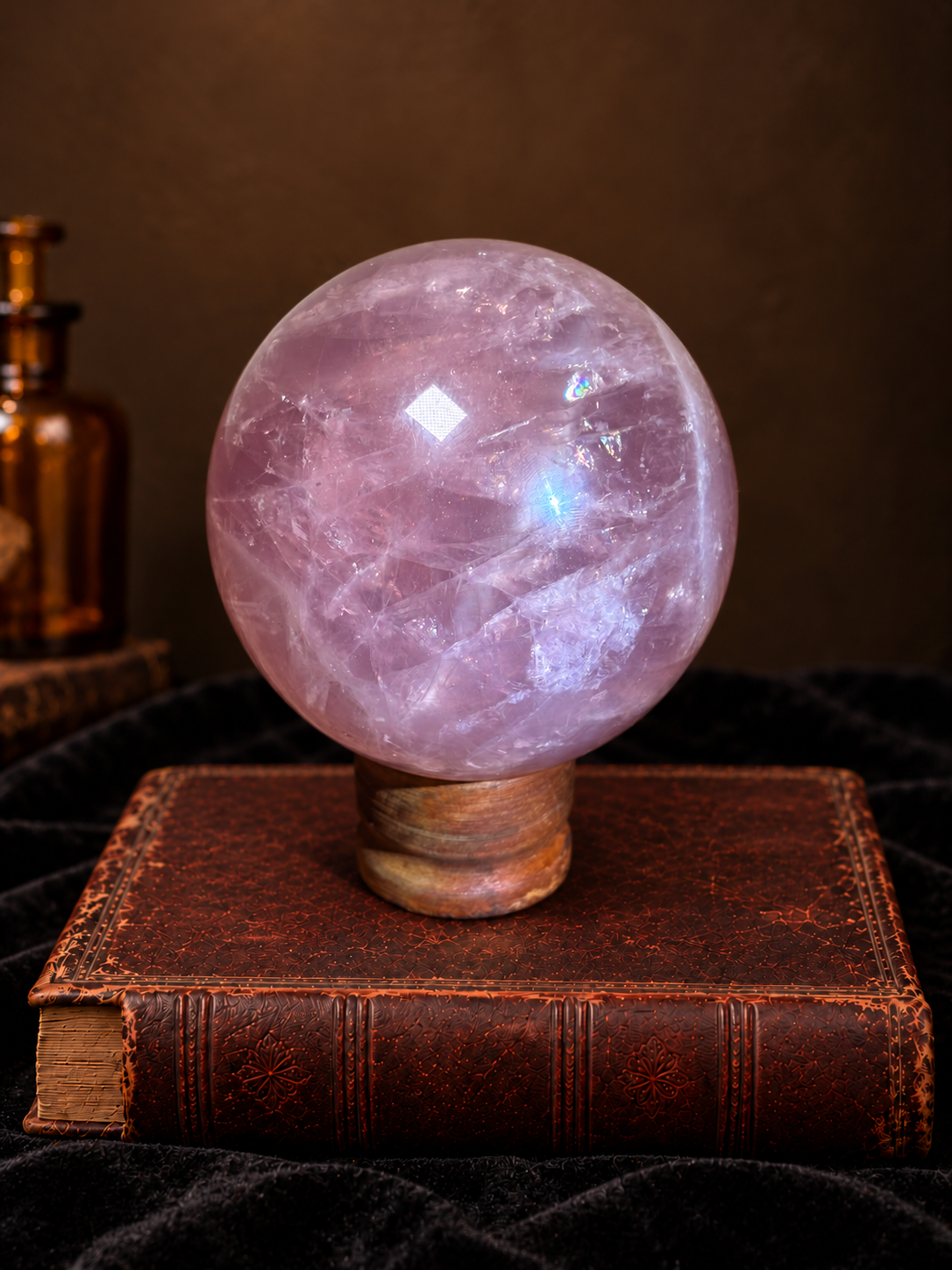 Rose Quartz Sphere with Rainbows, Asterism & Golden Inclusions