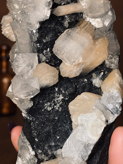 Black Chalcedony with Cubic Apophyllite & Peach Stilbite