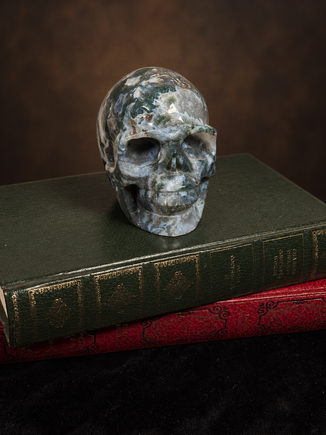 Moss Agate Crystal Skull Carving