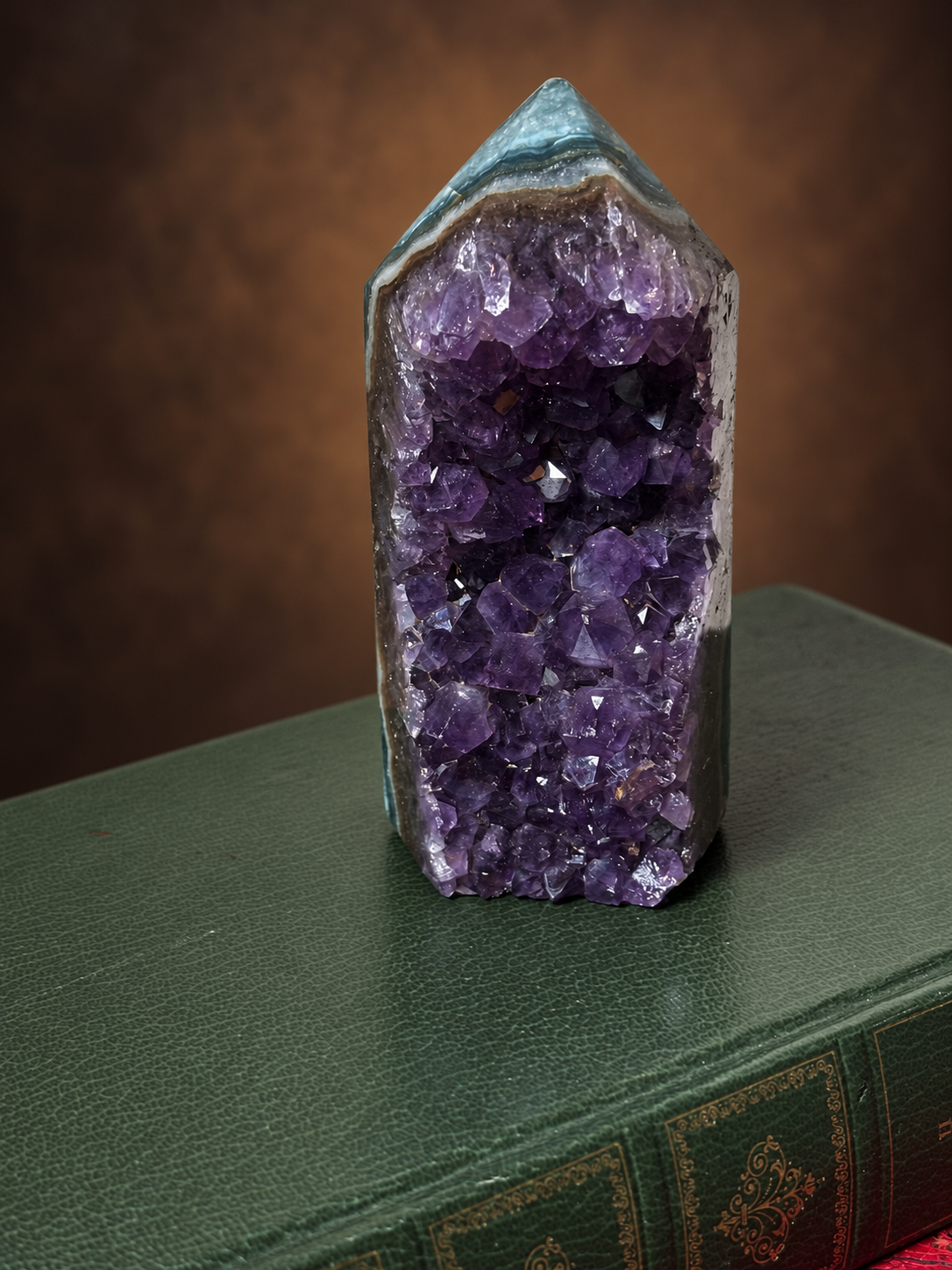 Brazilian Deep Purple Amethyst Geode Tower with Green Jasper