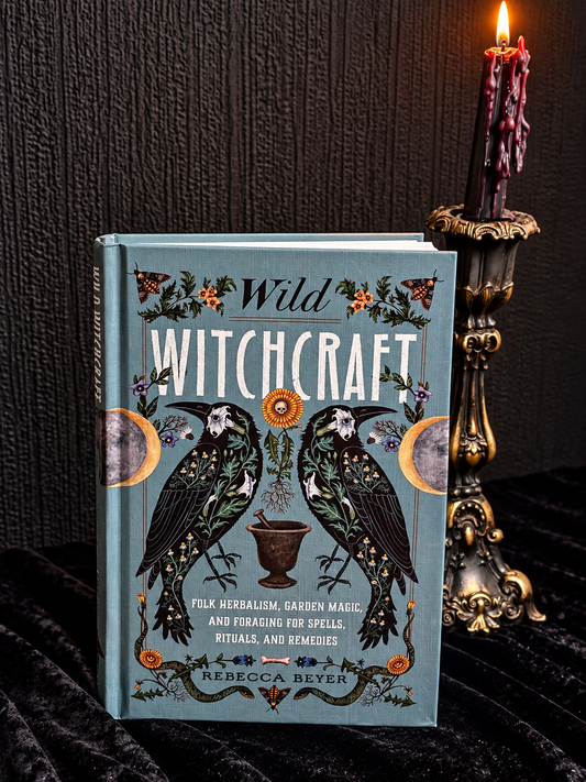 Wild Witchcraft by Rebecca Beyer, blue-green hardcover book featuring two black birds, crescent moons, botanical illustrations and flowers.