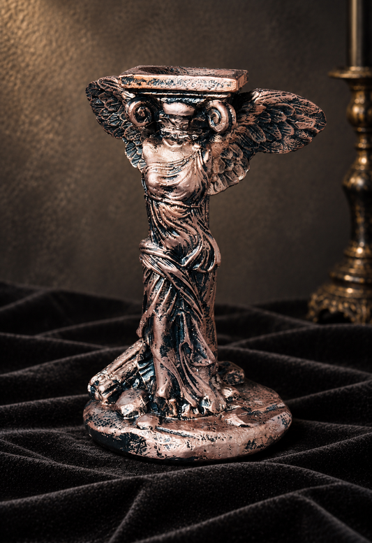 Antique bronze-effect Winged Caryatid crystal sphere stand featuring a classical winged female figure with flowing robes supporting a raised pedestal.