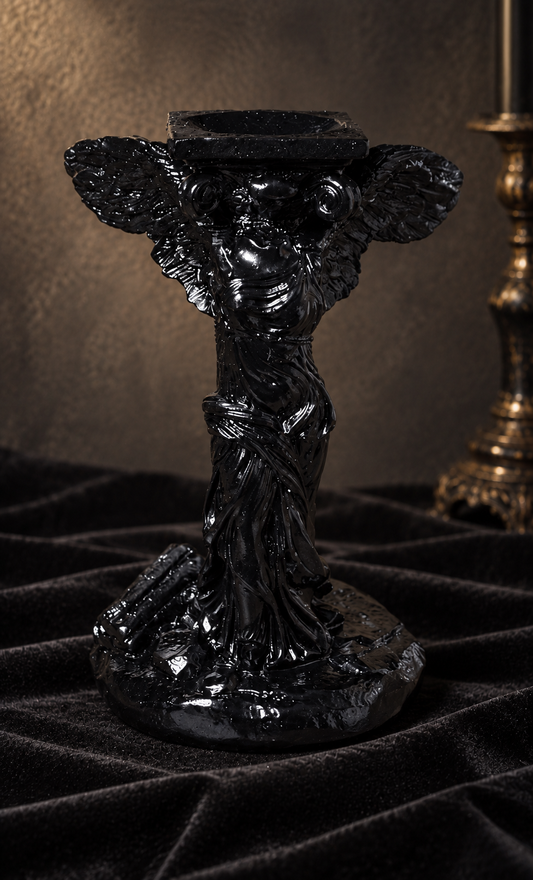 Front view of a glossy black Winged Caryatid sphere holder with classical sculpted figure, detailed wings, flowing robes and decorative base.