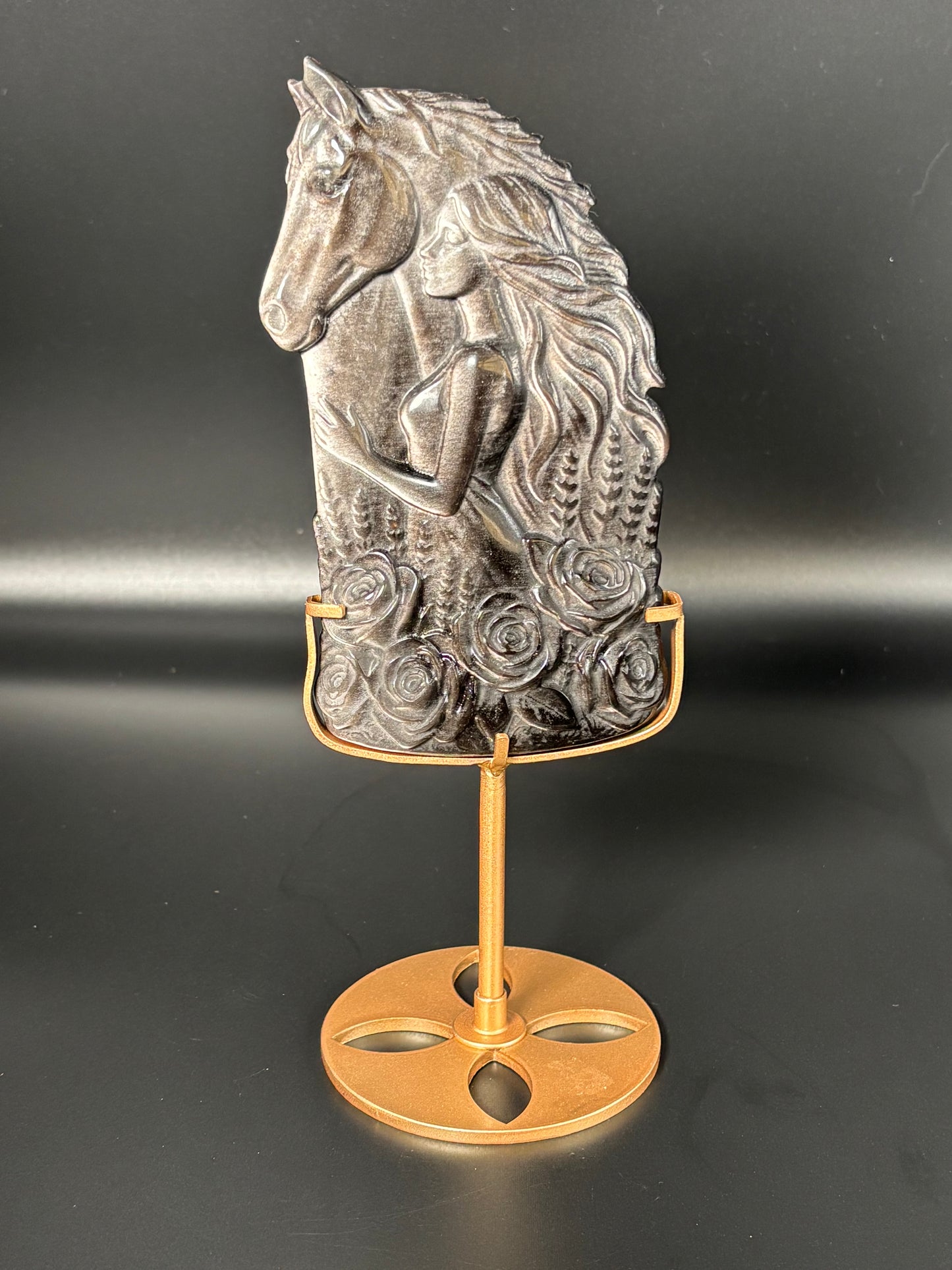 Silver Obsidian Goddess & Horse Carving on Gold Stand | Divine Feminine Power Piece