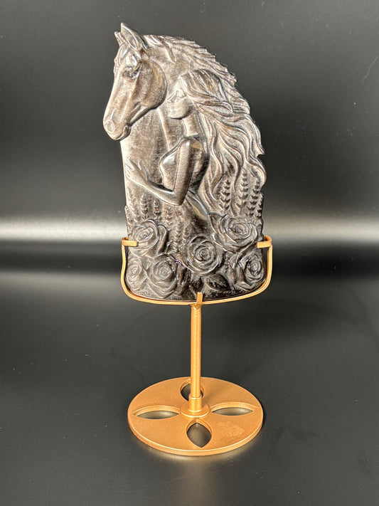 Silver Obsidian Goddess & Horse Carving on Gold Stand | Divine Feminine Power Piece